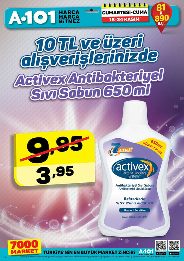 A101 10 TL Üzeri Activex Antibakteriyel Sıvı Sabun - 18 Kasım 2017