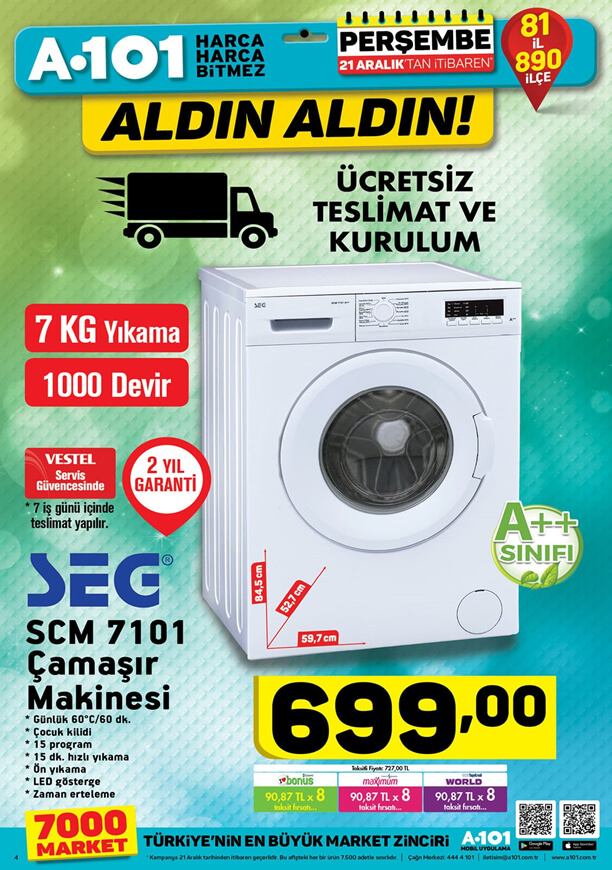 A101 21 Aralık 2017 Aktüel Ürünler  - SEG SCM 7101 Çamaşır Makinesi