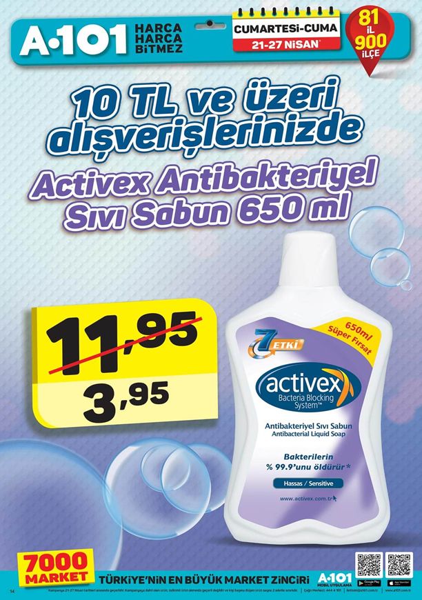 A101 21 Nisan - 27 Nisan 2018 Kataloğu - Activex Antibakteriyel Sıvı Sabun