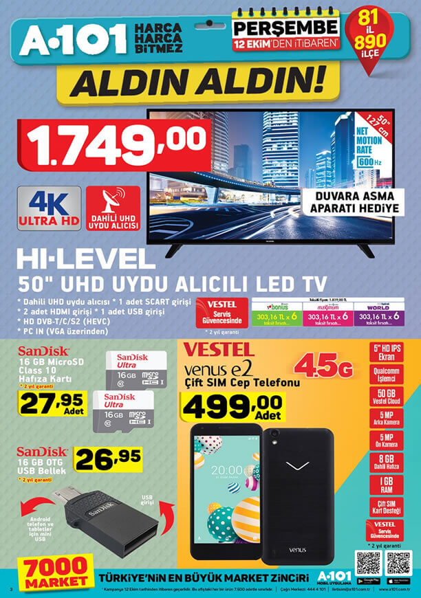 A101 Aktüel 12 Ekim 2017 HI-LEVEL UHD Uydu Alıcılı Led Tv