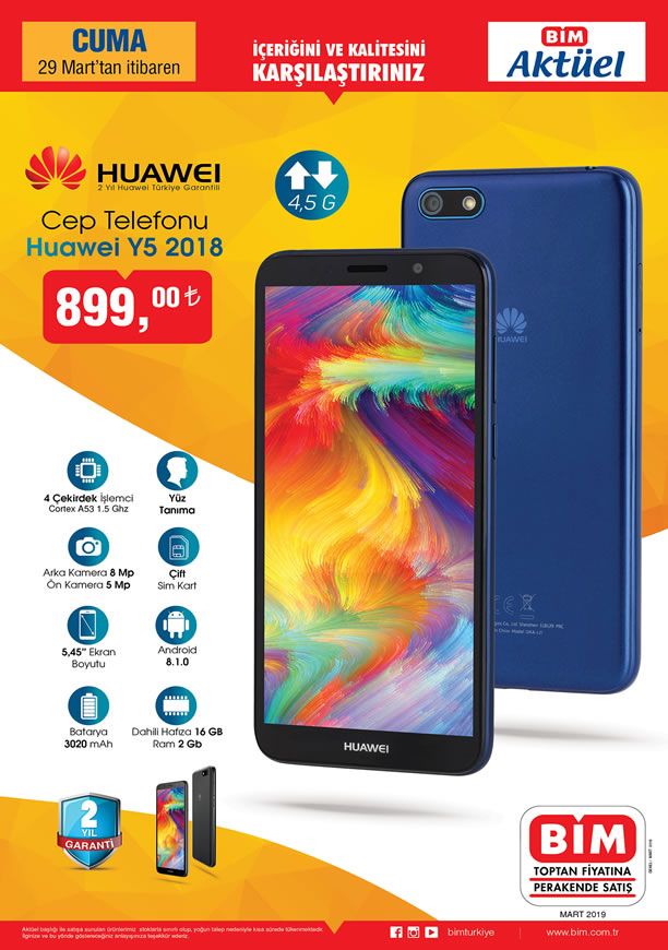 BİM Market 29 Mart 2019 Kataloğu - Huawei Y5 2018 Cep Telefonu