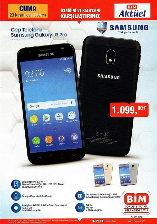 Samsung Galaxy J3 Pro Cep Telefonu - BİM 23 Kasım 2018 Kataloğu