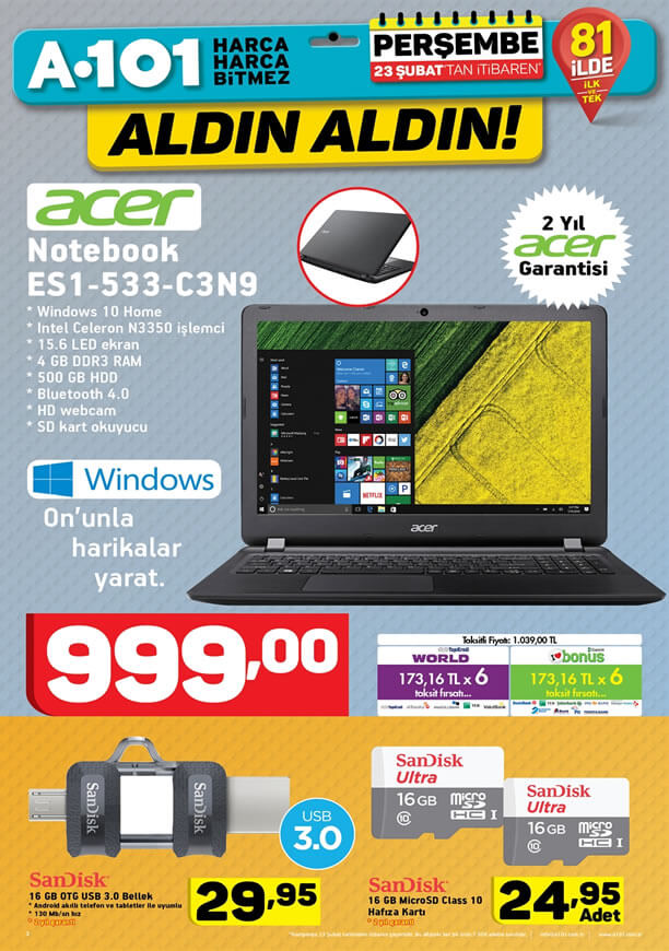 A101 Aktüel 23 Şubat 2016 Katalogu - Acer Notebook