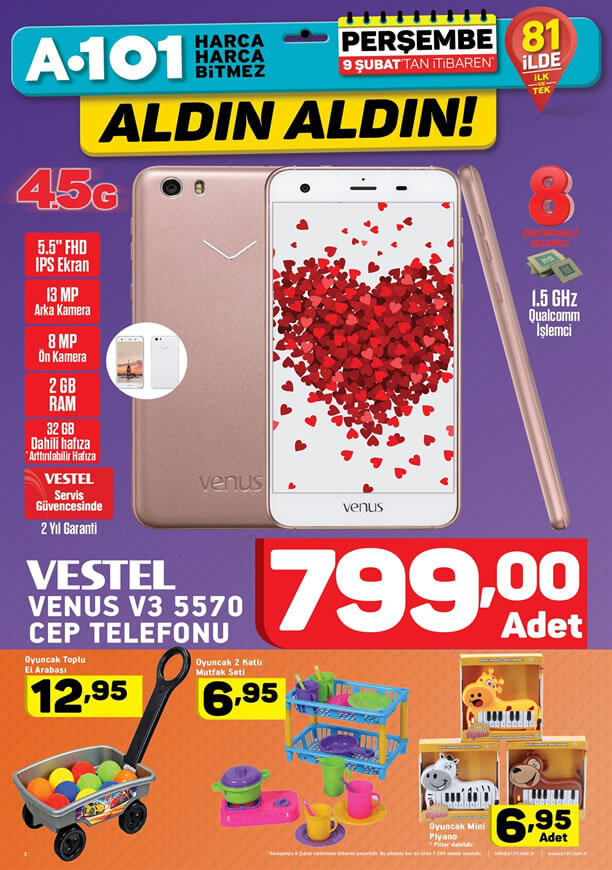 A101 Market 9 Şubat 2017 Katalogu - Vestel Venüs V3 Cep Telefonu