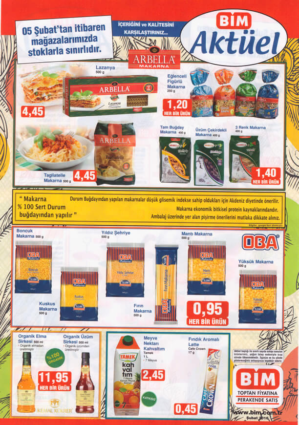 BİM Market 5 Şubat 2016 Broşürü - Arbella - OBA Makarna