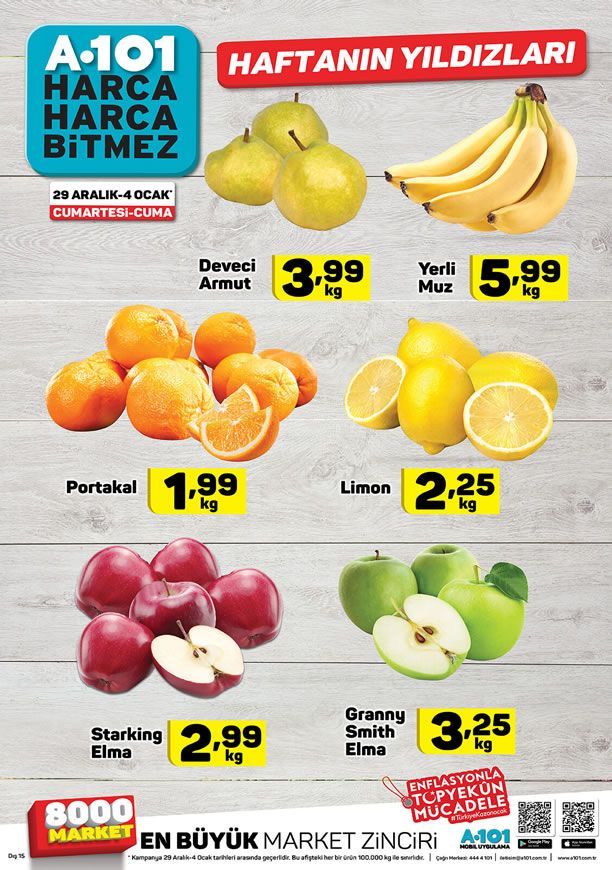 29 Aralık 2018 - 3 Ocak 2019 Arasında A101 Market Meyve Fiyatları