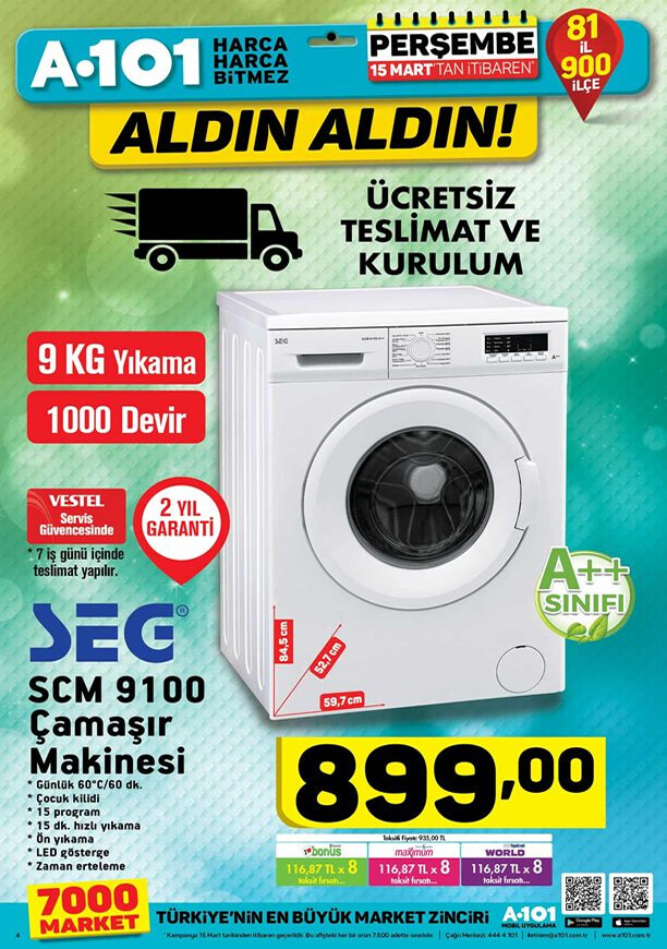 A101 15 Mart 2018 Kataloğu - SEG SCM 9100 Çamaşır Makinesi
