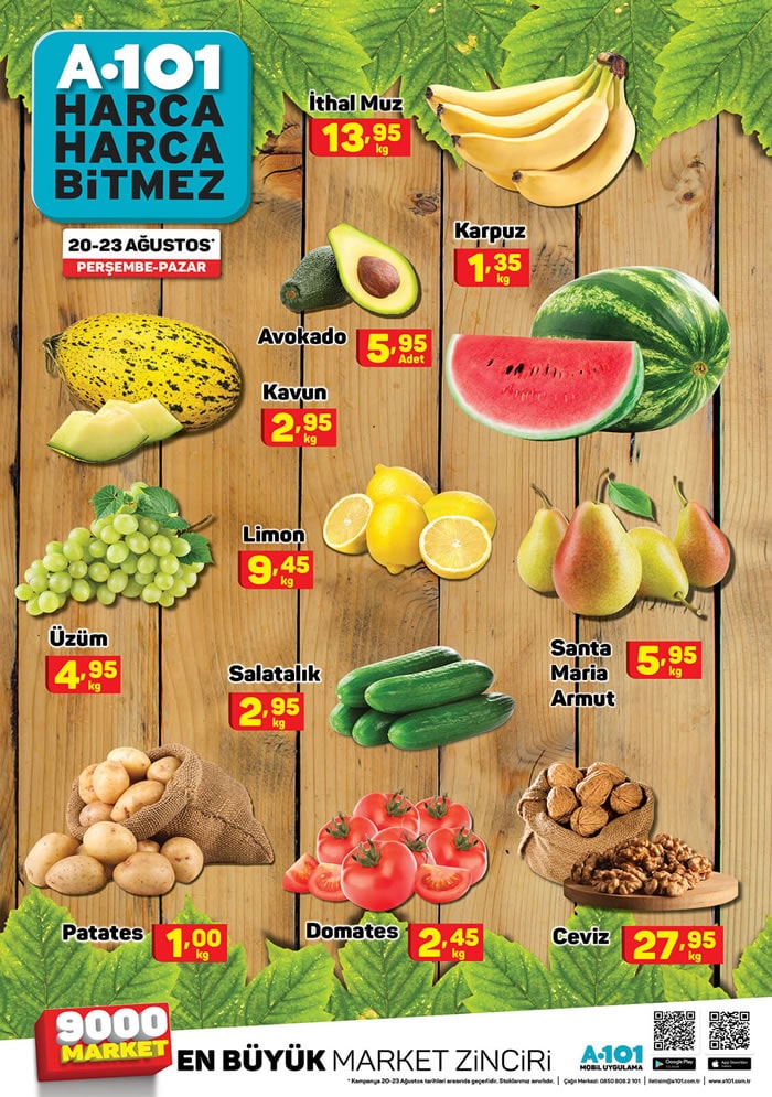 A101 20 - 23 Ağustos 2020 Meyve Sebze Fiyatları