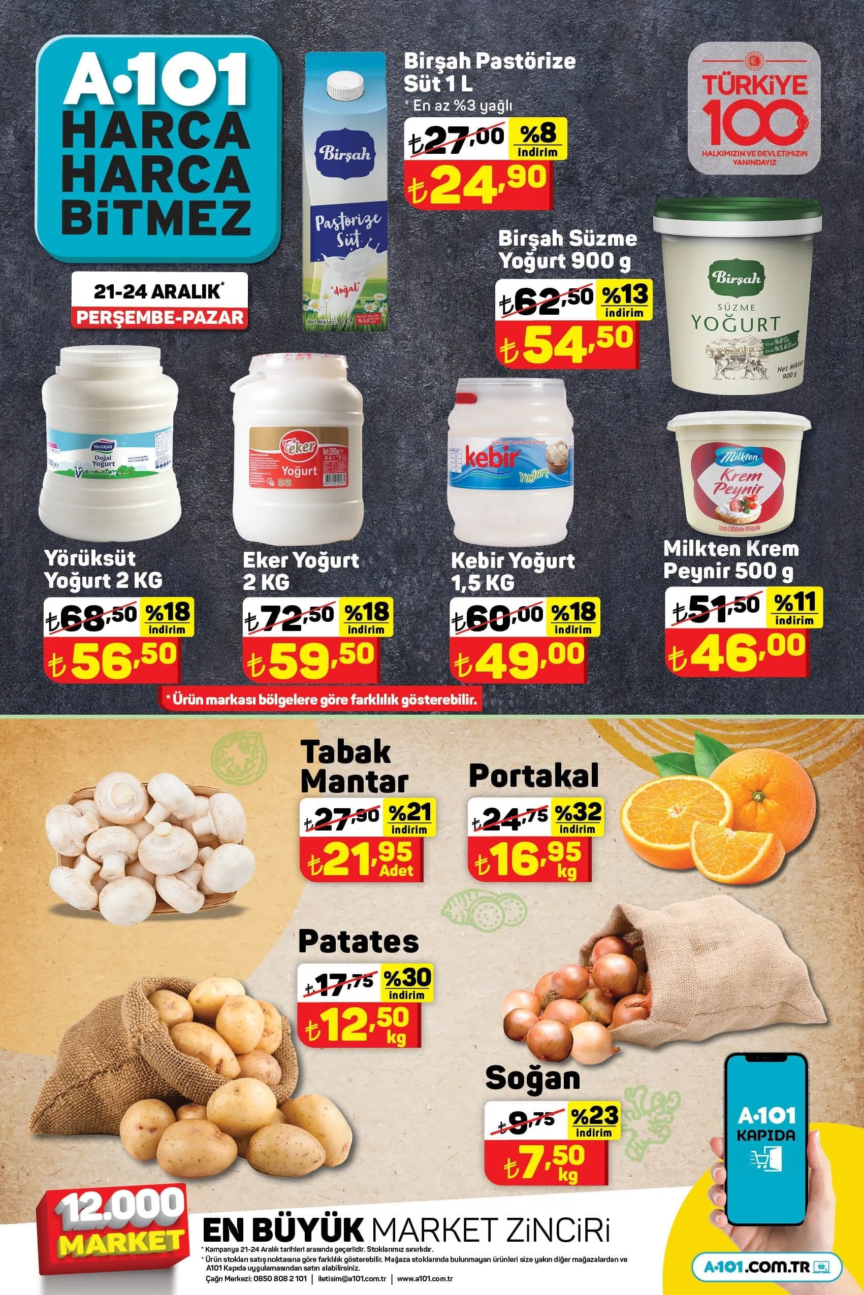 A101 21 - 24 Aralık 2023 Süt Yoğurt Meyve ve Sebze Fiyatları