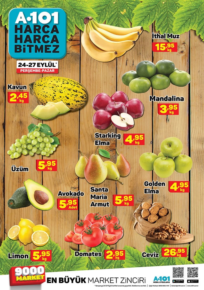 A101 24 - 27 Eylül 2020 Sebze ve Meyve Fiyatları