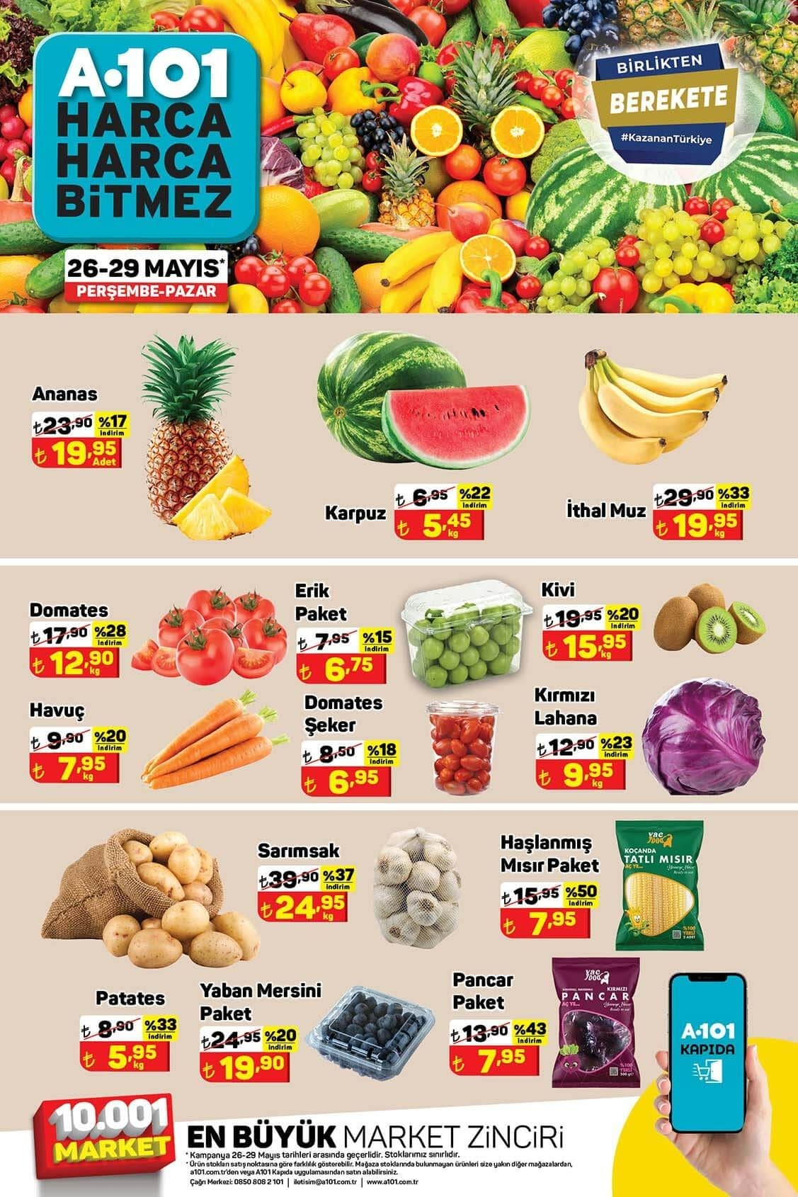 A101 26 Mayıs - 29 Mayıs 2022 Meyve Sebze Fiyatları