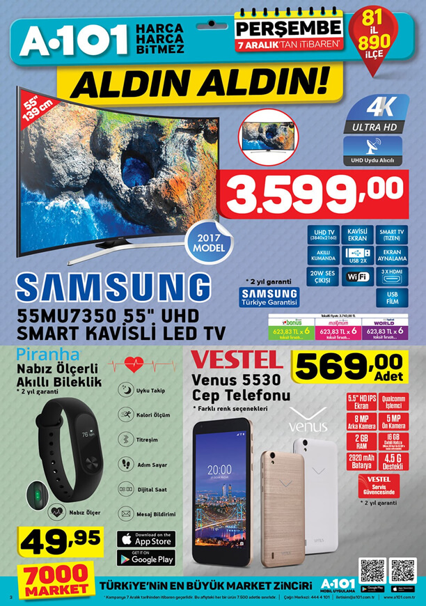 A101 7 Aralık 2017 Samsung Smart Kavisli Led Tv