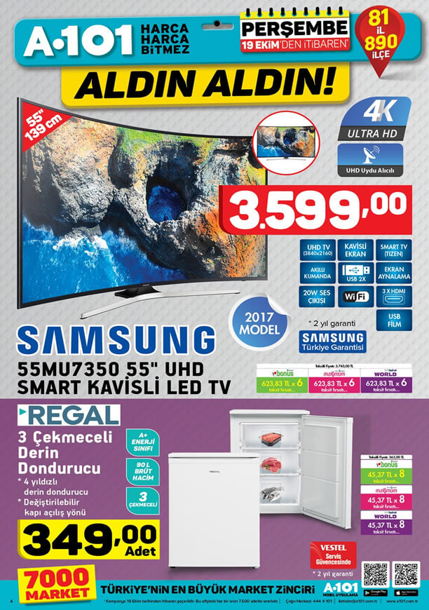 A101 Aktüel 19 Ekim - Samsung 55MU7350 Smart Kavisli Led Tv