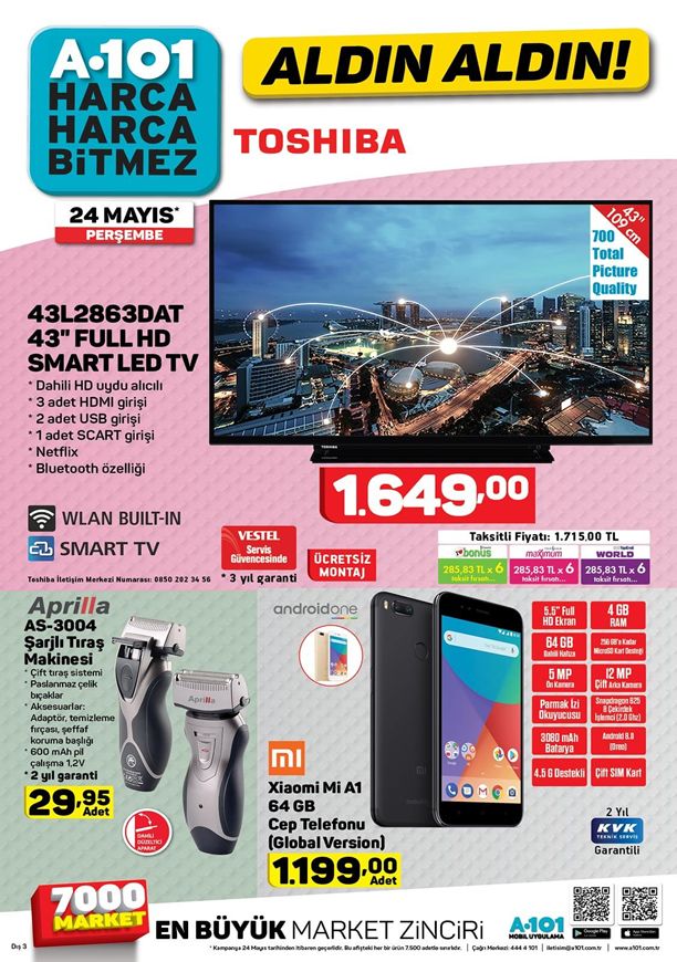 A101 Market 24 Mayıs 2018 Katalogu - Toshiba  Full HD Smart Led Tv