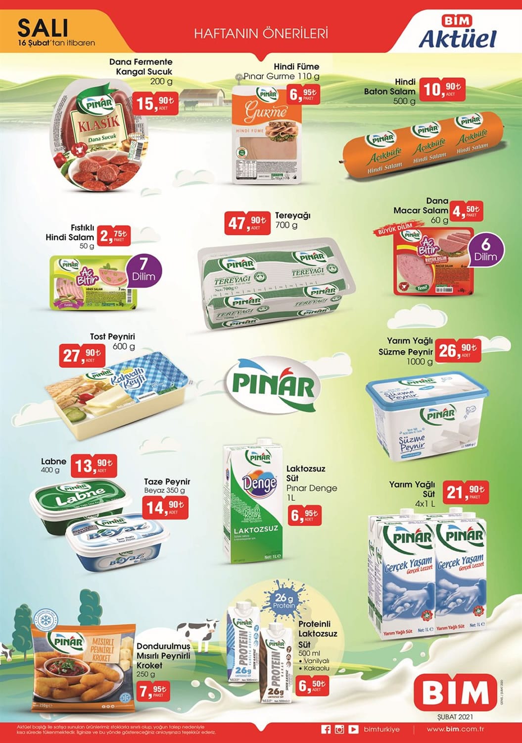 BİM Market 16 Şubat 2021 Salı Pınar Süt Ürünleri Fiyatları