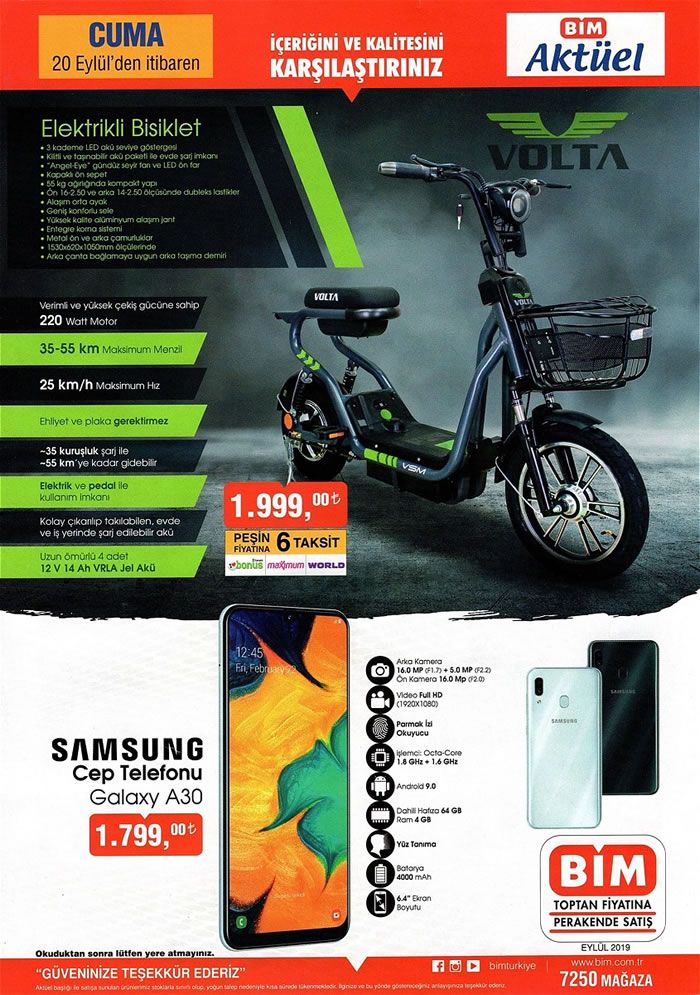 BİM Market 20 Eylül 2019 Cuma Kataloğu - Volta Elektrikli Bisiklet