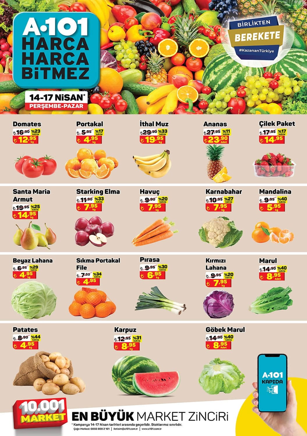 A101 14 - 17 Nisan 2022 meyve sebze fiyatları
