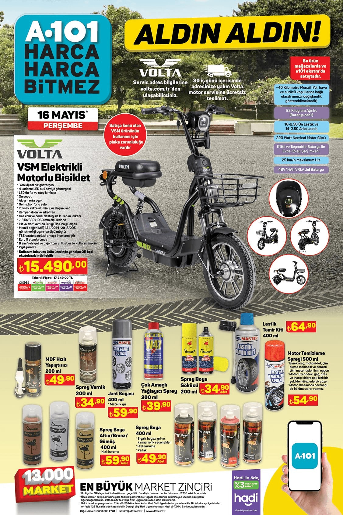 A101 16 Mayıs 2024 Volta elektrikli motorlu bisiklet