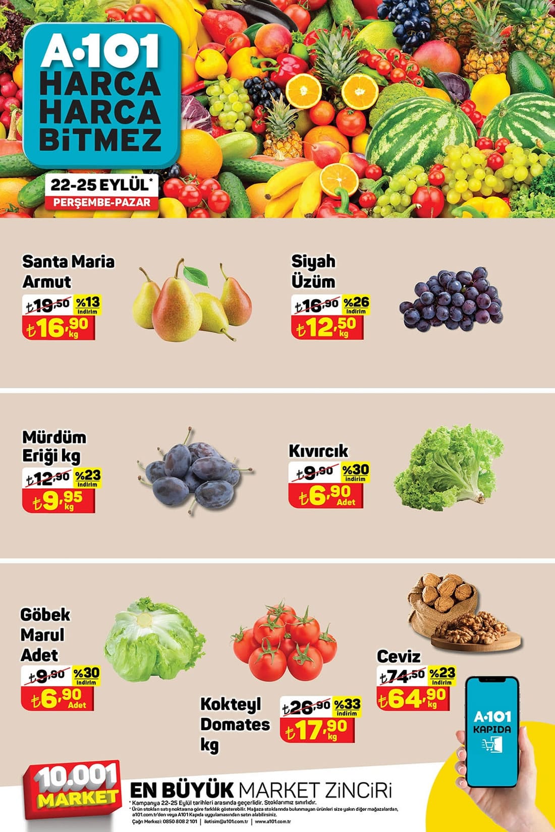 A101 22 - 25 Eylül 2022 sebze meyve fiyatları