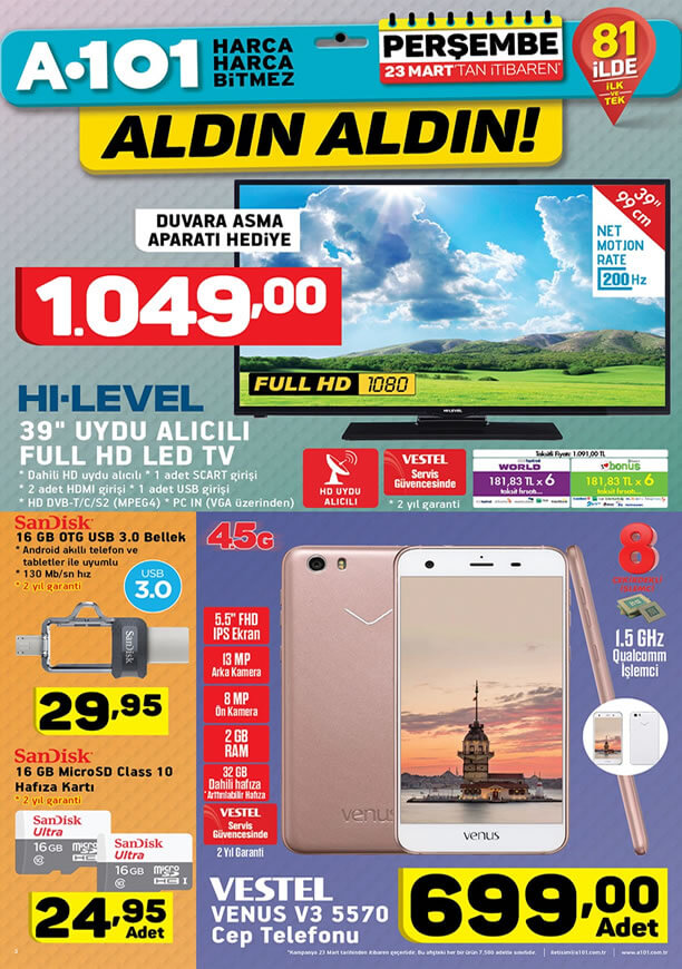 A101 23 Mart 2017 Katalogu - HI-LEVEL Uydu Alıcılı Full HD Led Tv