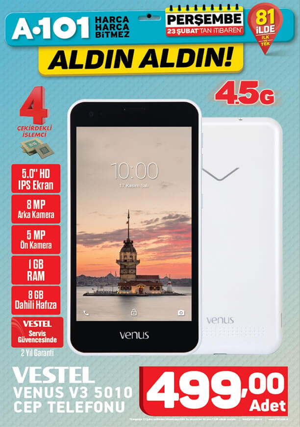 A101 23 Şubat 2017 Katalogu - Vestel Venus V3 Cep Telefonu