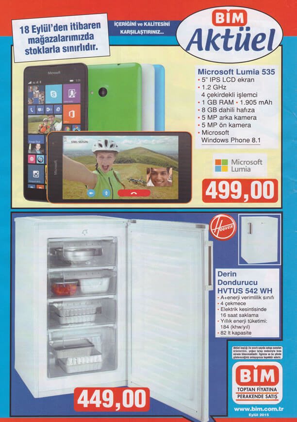 BİM 18.09.2015 Aktüel Ürünler - Derin Dondurucu - Lumia 535