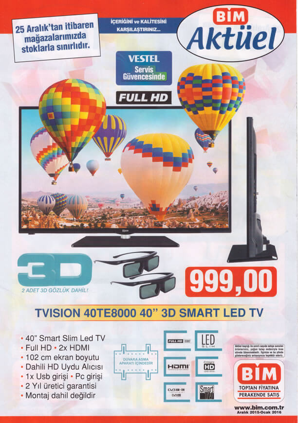 BİM 25 Aralık 2015 Katalogu - Vestel Tvision 40TE8000 3D Smart Led Tv